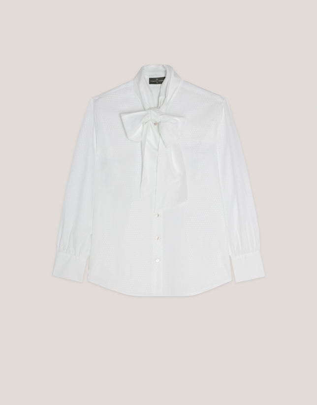 White cotton jacquard rhrombus shirt with bow