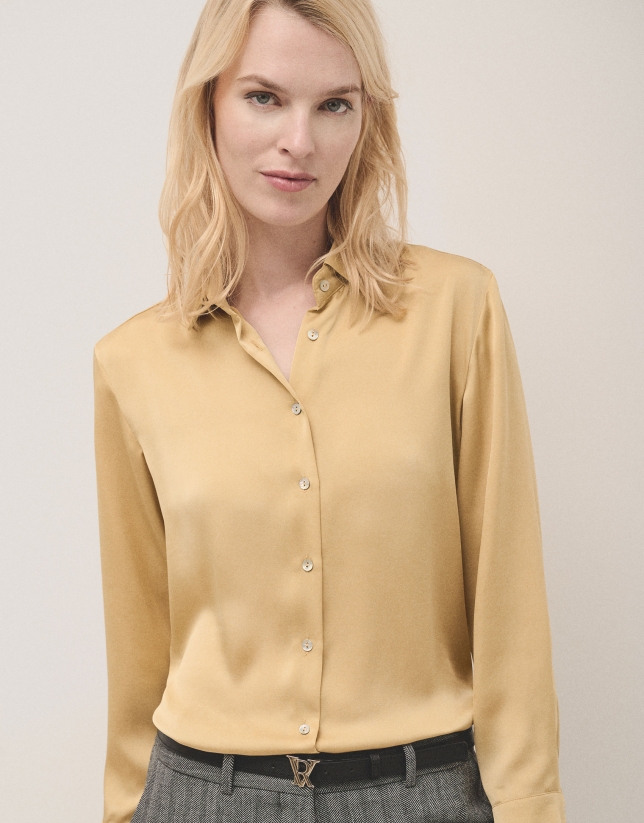 Mustard satin men's shirt 