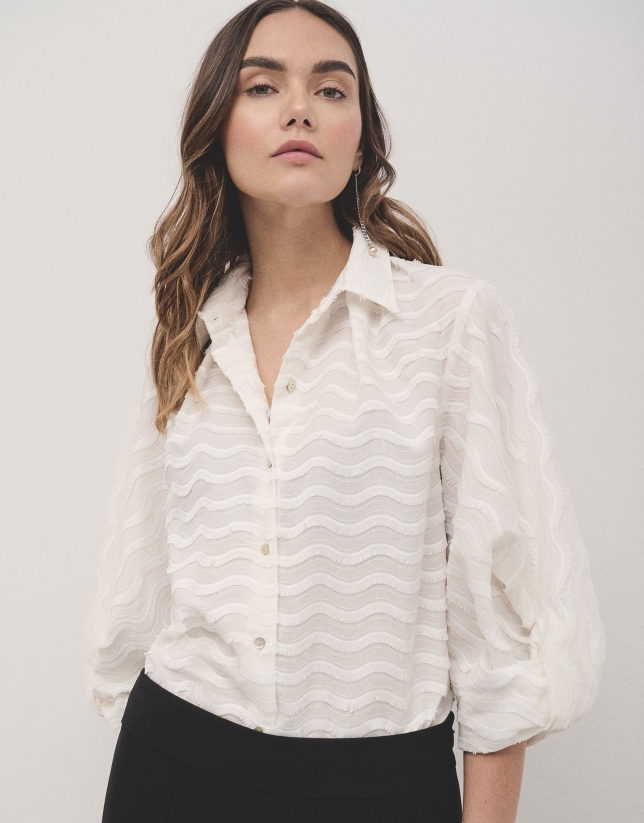 White oversize fil coupé blouse with waves