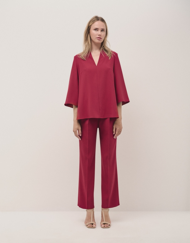 Raspberry crepe oversize blouse with side slits