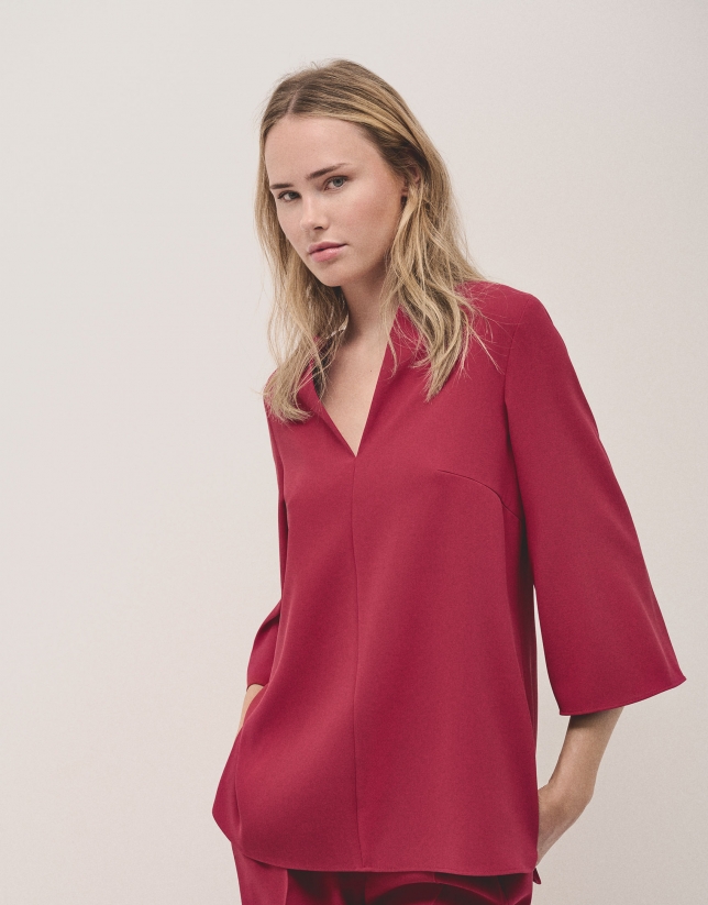 Raspberry crepe oversize blouse with side slits