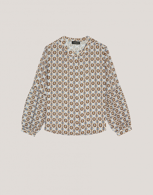 Beige and blue geometric print blouse with puffed sleeves