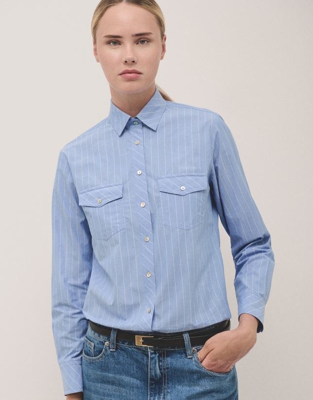 Blue and white striped shirt with pockets