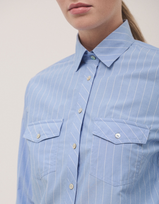 Blue and white striped shirt with pockets