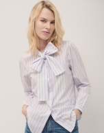 Lilac and blue striped cotton shirt with bow