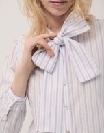 Lilac and blue striped cotton shirt with bow