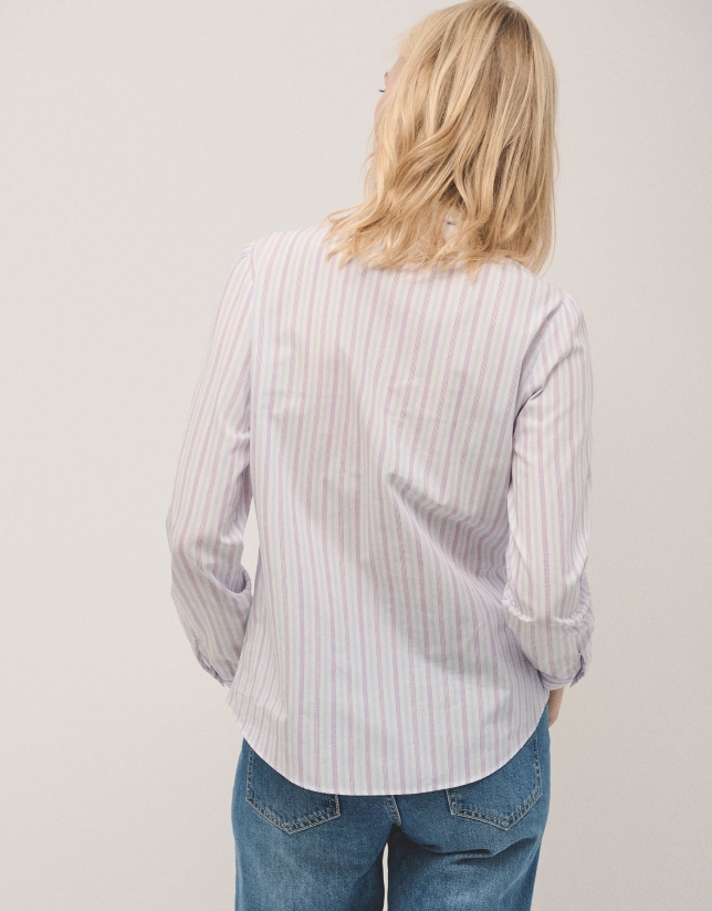 Lilac and blue striped cotton shirt with bow