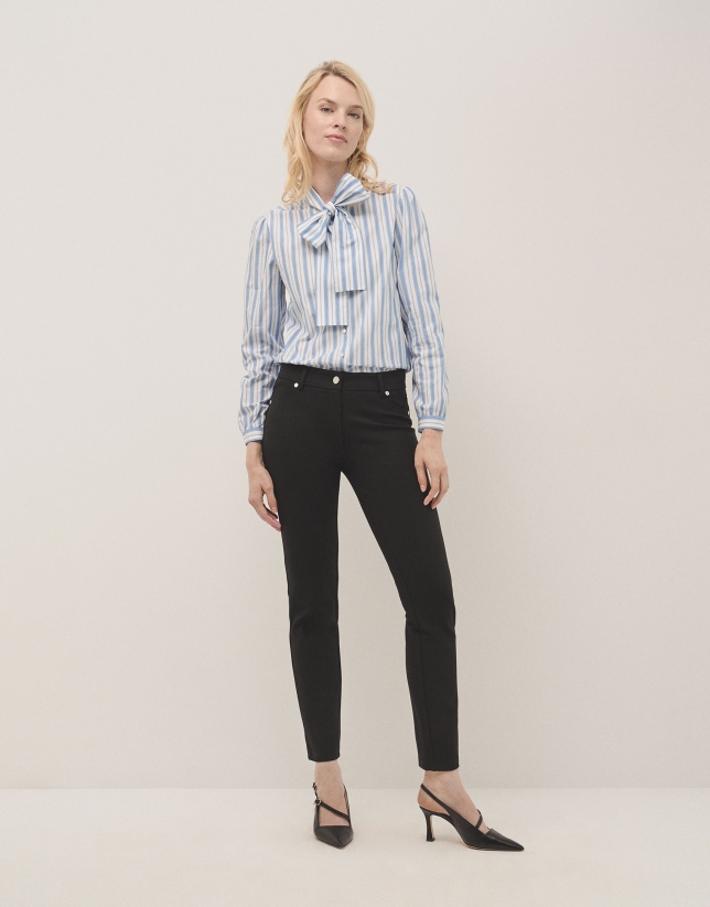 Blue wide striped cotton shirt with bow