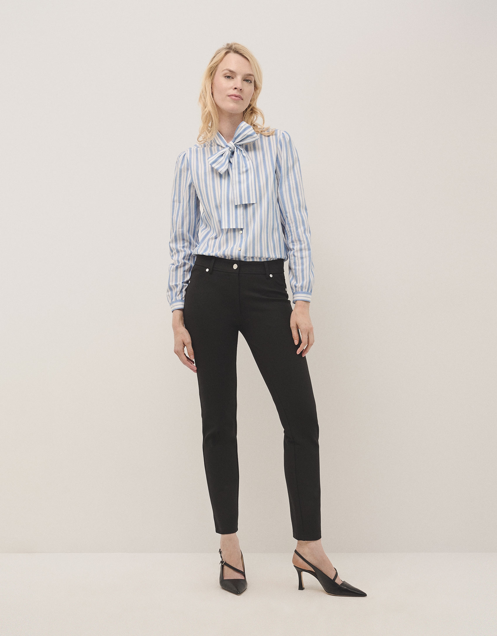 Blue wide striped cotton shirt with bow