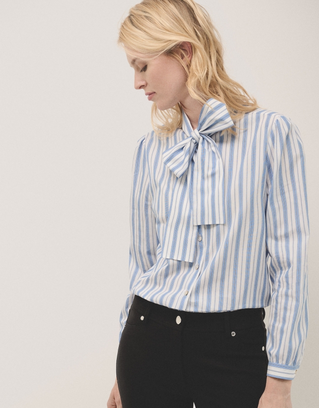 Blue wide striped cotton shirt with bow