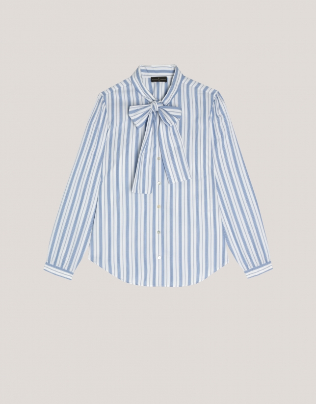 Blue wide striped cotton shirt with bow