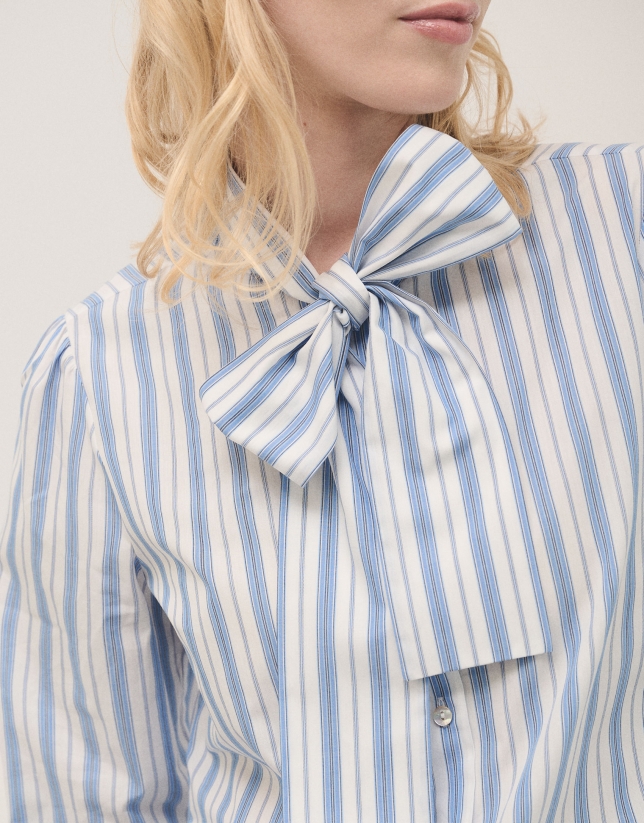 Blue wide striped cotton shirt with bow