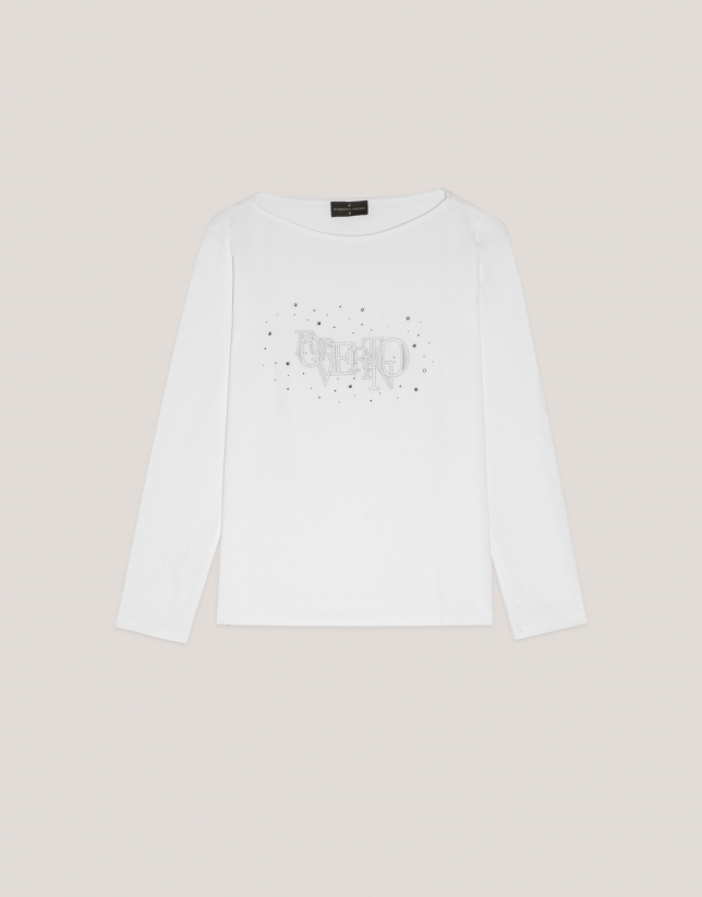 White cotton top with long sleeves and embroidered VERINO