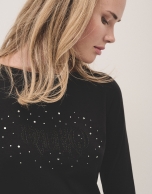 Black cotton top with long sleeves and embroidered VERINO