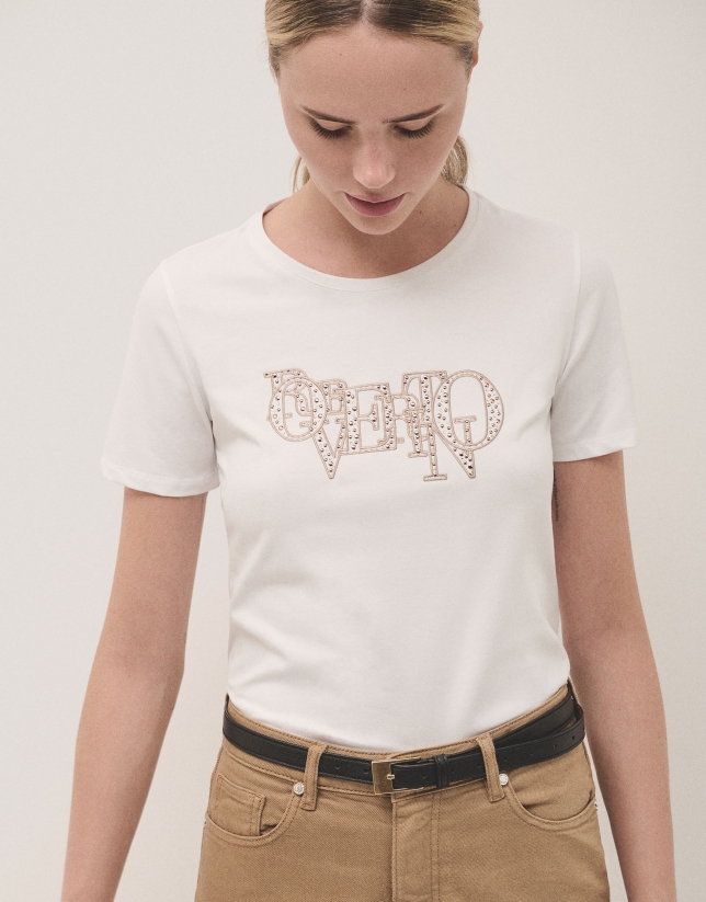 White cotton top with embroidered logo and studs