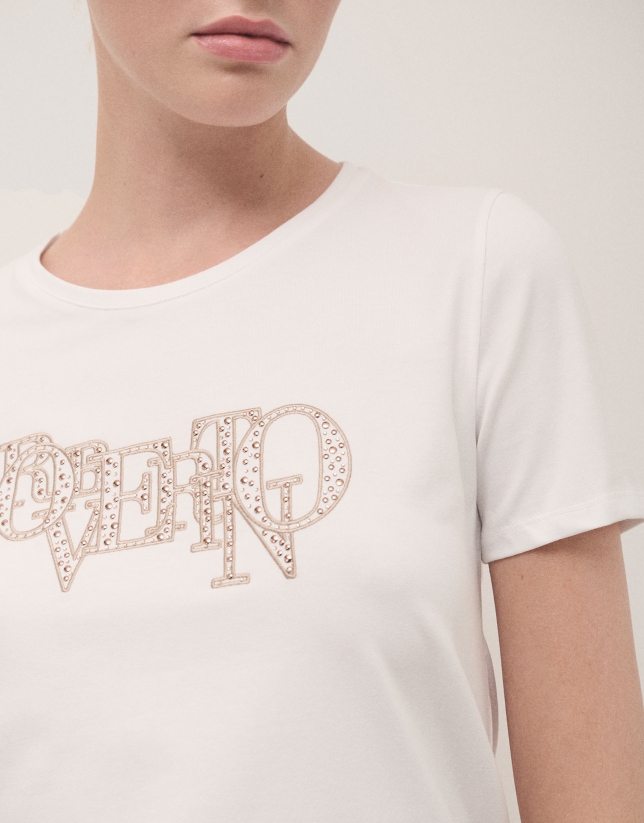 White cotton top with embroidered logo and studs