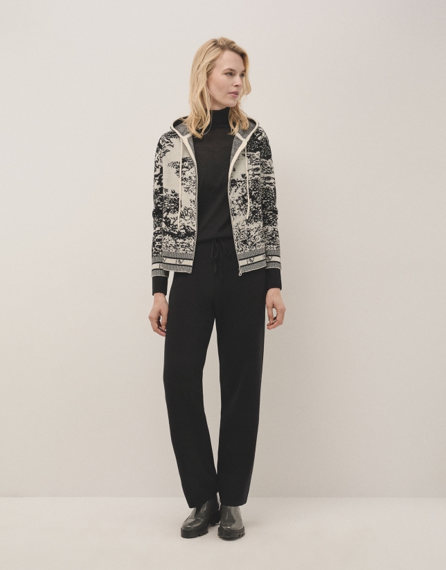 Sweatshirt-style knit jacket in black and white jacquard 