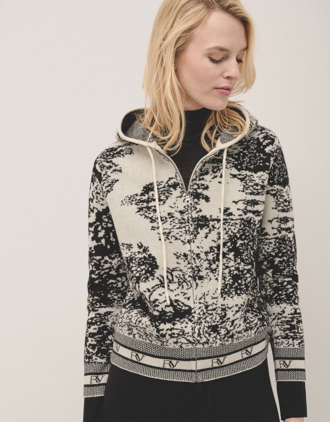 Sweatshirt-style knit jacket in black and white jacquard 