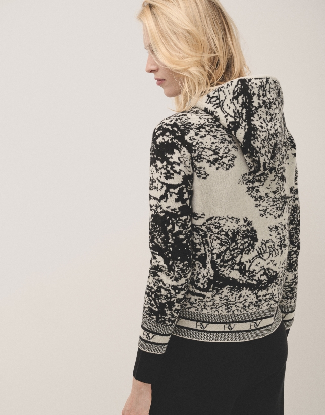 Sweatshirt-style knit jacket in black and white jacquard 