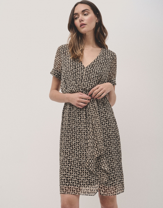 Midi dress with bow and brown geometric print 