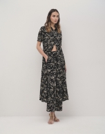 Black shirtwaist midi dress with beige floral print