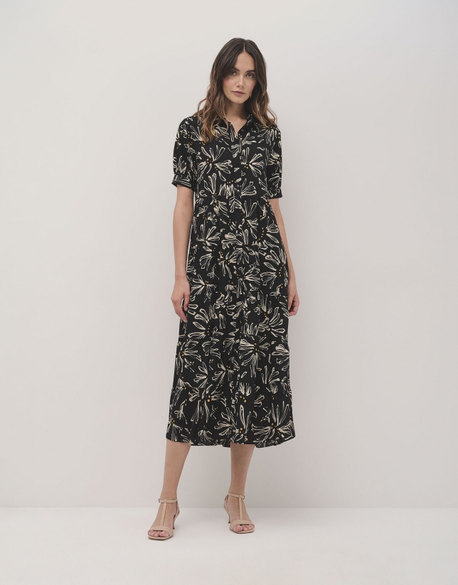 Black shirtwaist midi dress with beige floral print