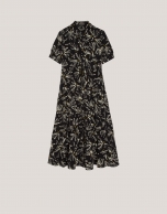 Black shirtwaist midi dress with beige floral print