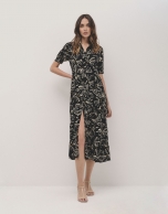 Black shirtwaist midi dress with beige floral print