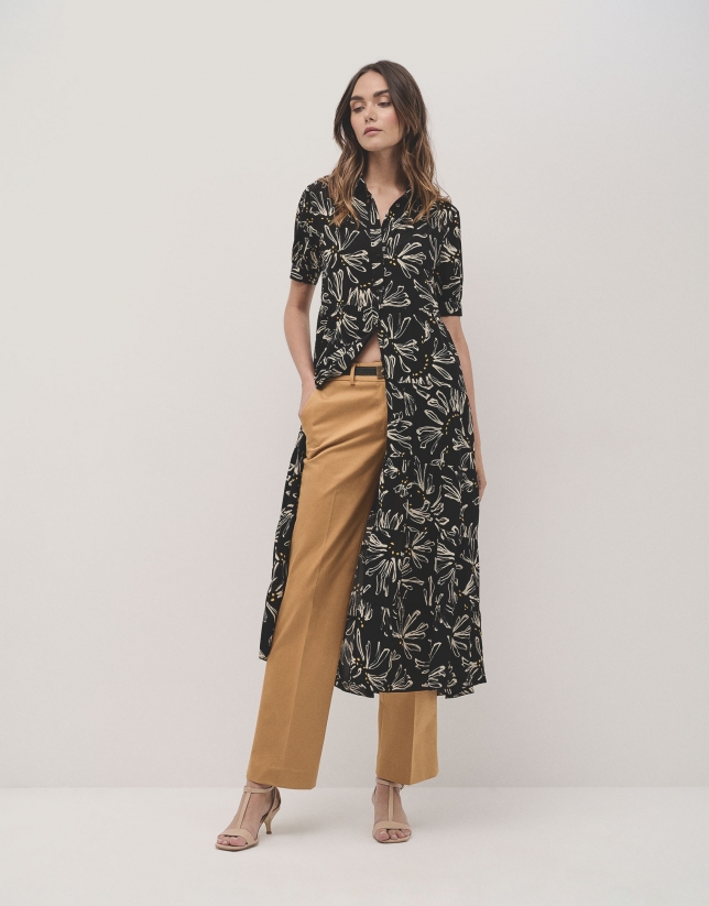 Black shirtwaist midi dress with beige floral print