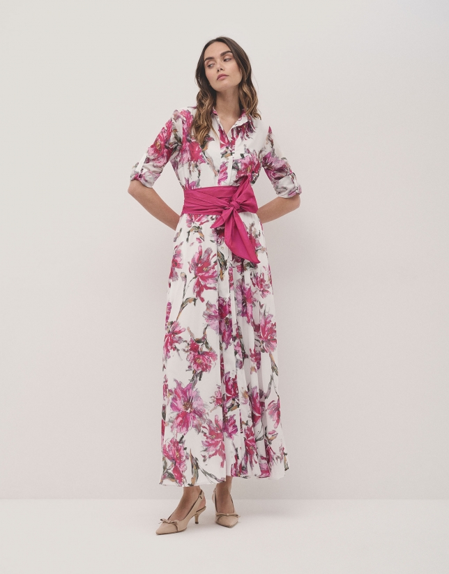 Shirtwaist midi dress with raspberry floral georgette print