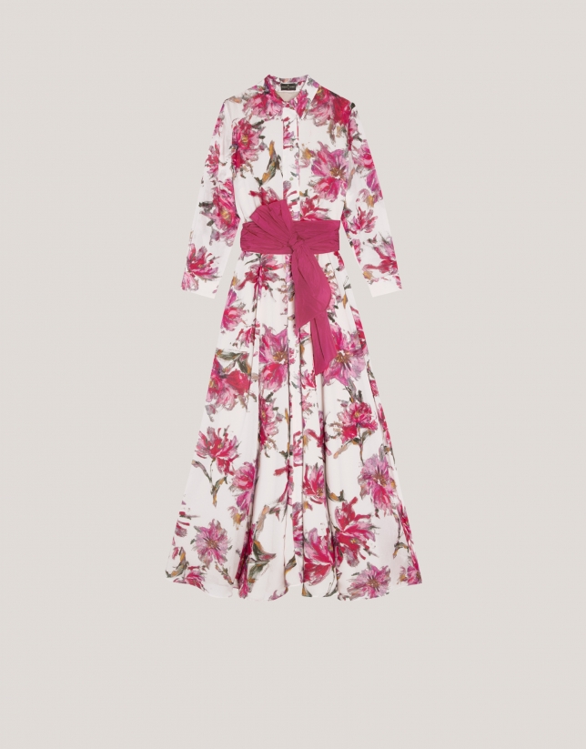 Shirtwaist midi dress with raspberry floral georgette print