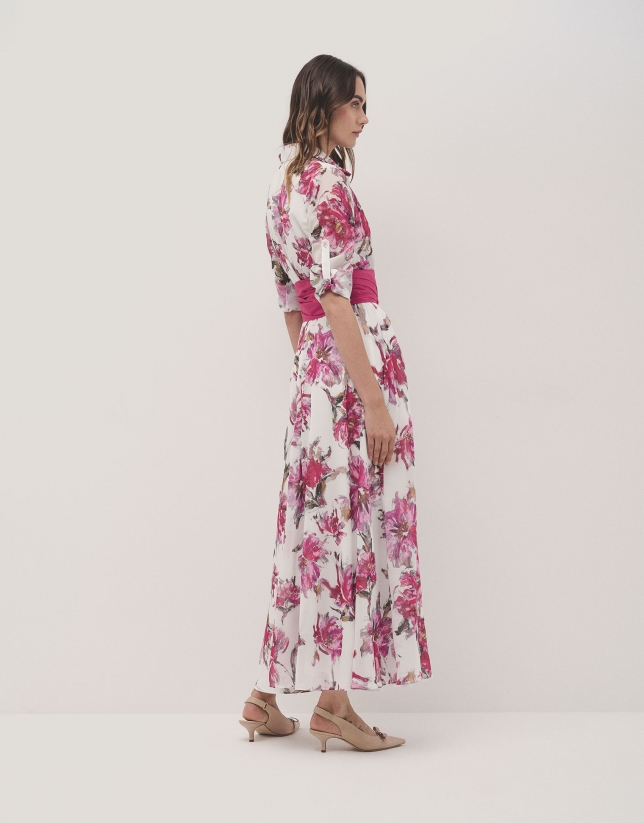 Vestido camisero midi en georgette estampado floral tonos frambuesa