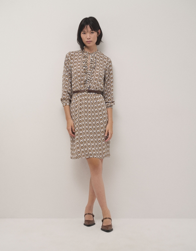 Long sleeves dress with beige and blue geometric print