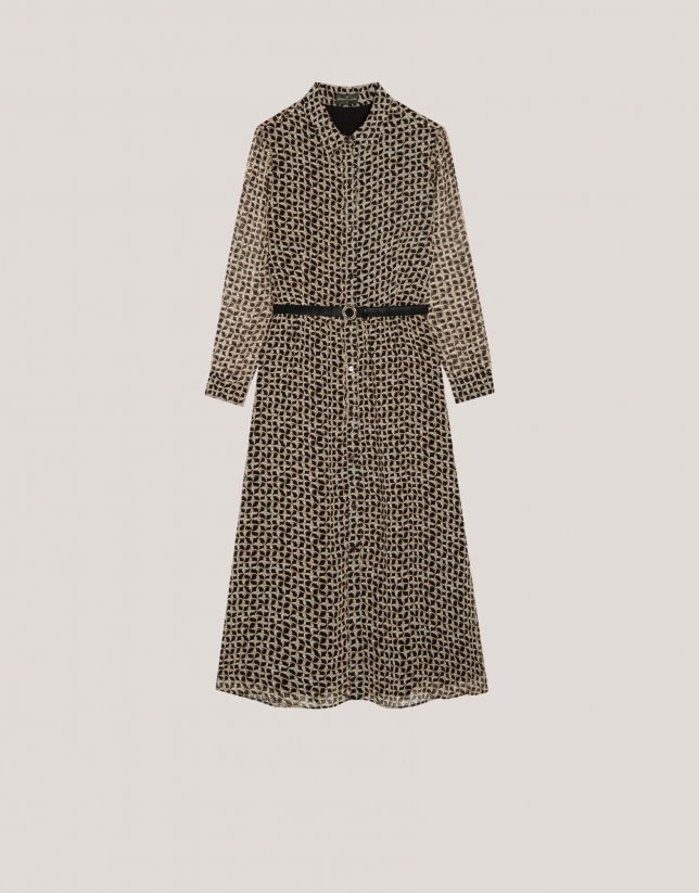 Shirtwaist midi dress with brown geometric print