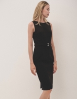 Black sleeveless dress with belt in cut knitted fabric