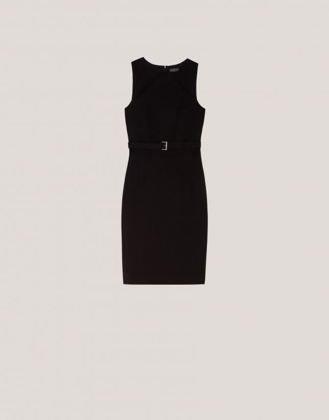 Black sleeveless dress with belt in cut knitted fabric