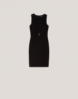 Black sleeveless dress with belt in cut knitted fabric