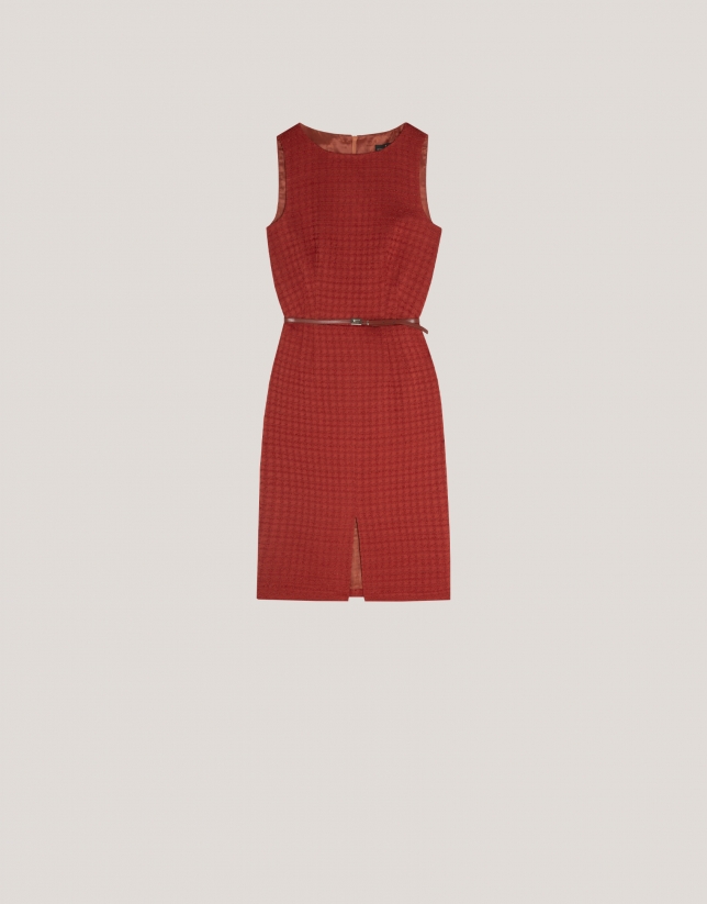 Tile colored sleeveless woven dress with chanel style checkered pattern