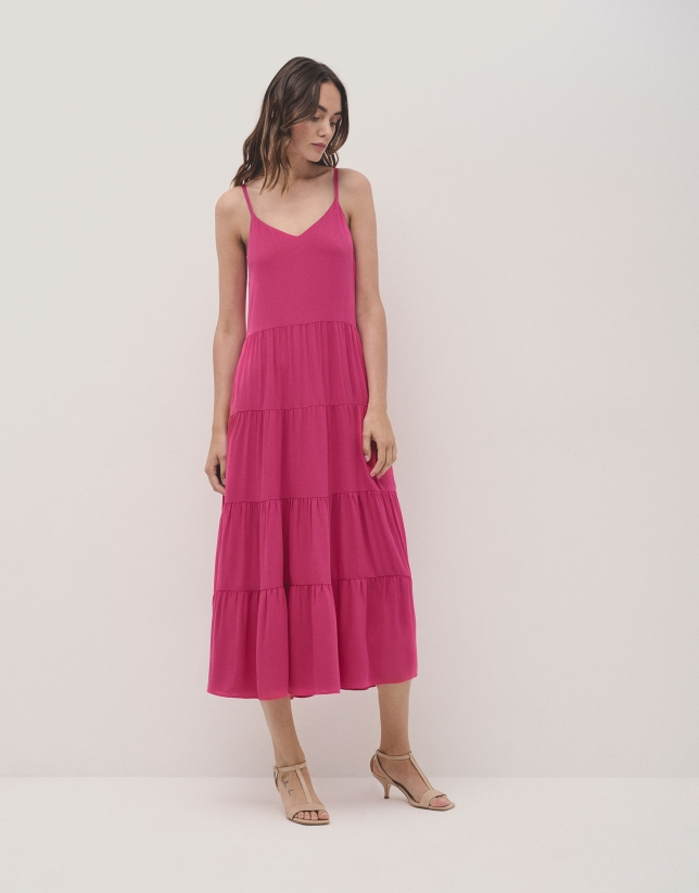 Midi strapsless dress in raspberry light crepe