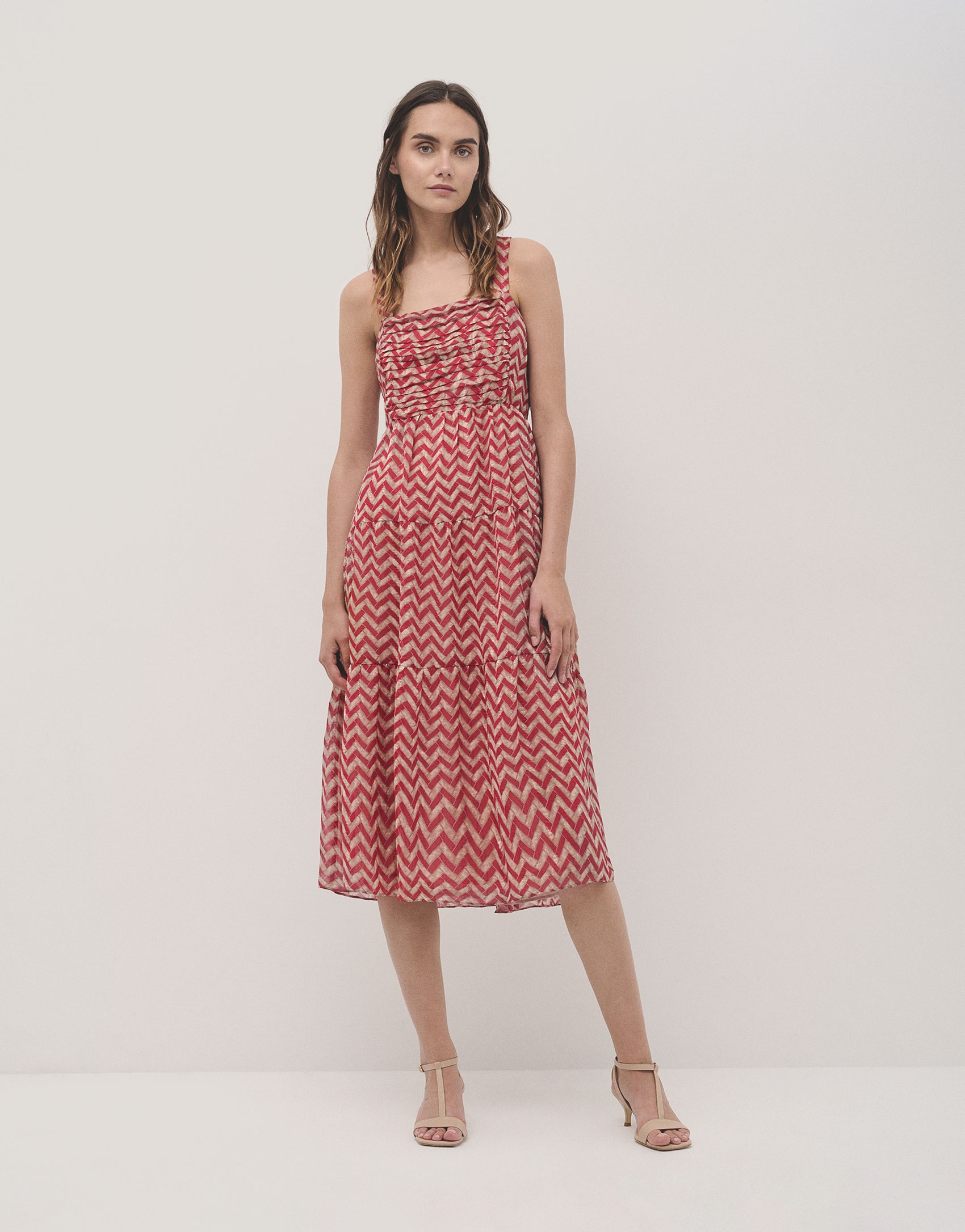 Strap midi dress in raspberry zigzag chiffon