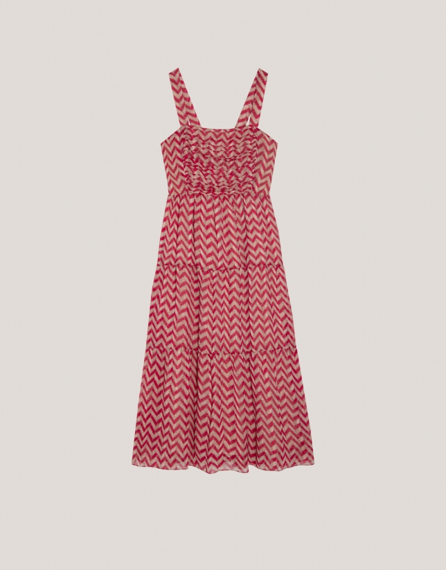 Strap midi dress in raspberry zigzag chiffon