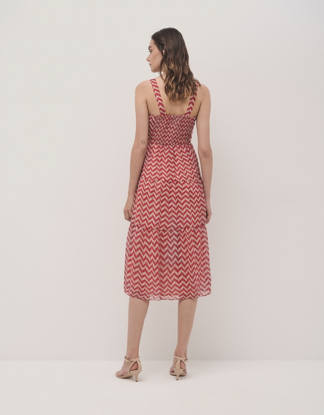 Strap midi dress in raspberry zigzag chiffon