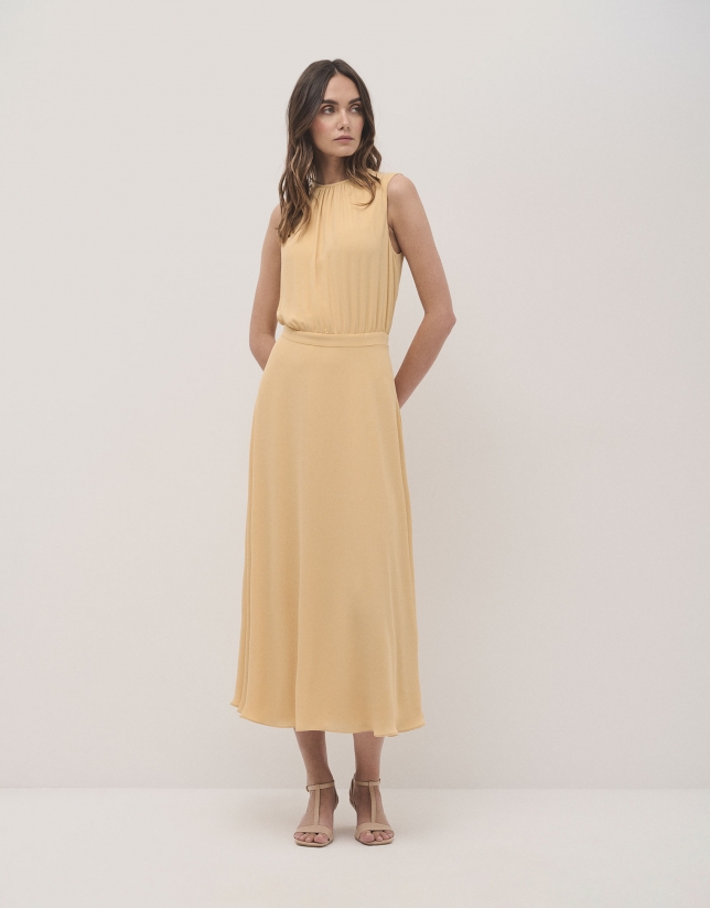 Gathered neckline midi dress in yellow flaire chiffon 