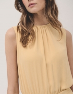 Gathered neckline midi dress in yellow flaire chiffon 