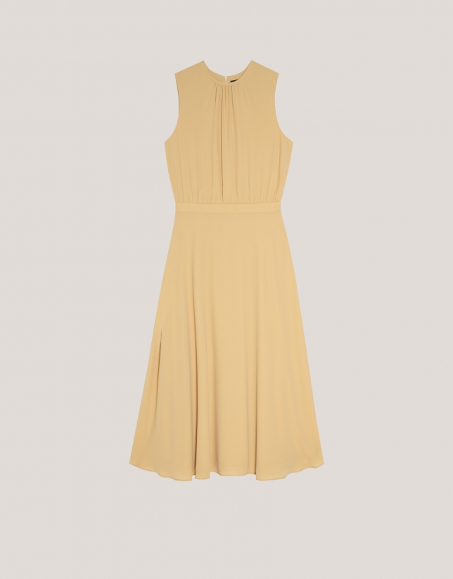 Gathered neckline midi dress in yellow flaire chiffon 