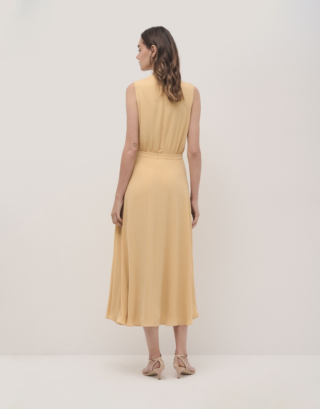 Gathered neckline midi dress in yellow flaire chiffon 