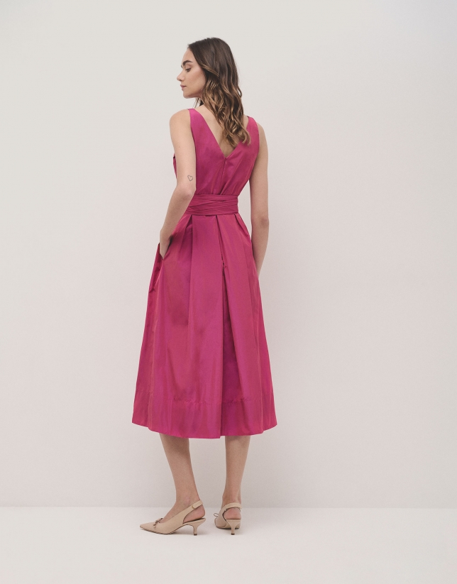 Raspberry taffeta sleeveless midi dress 