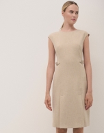 Beige double crepe straight dress with bucles