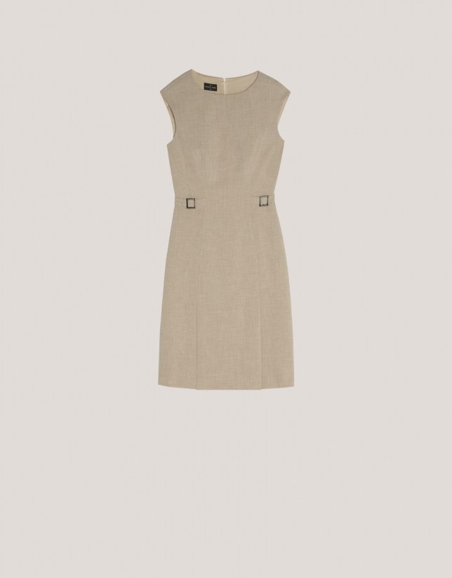 Beige double crepe straight dress with bucles