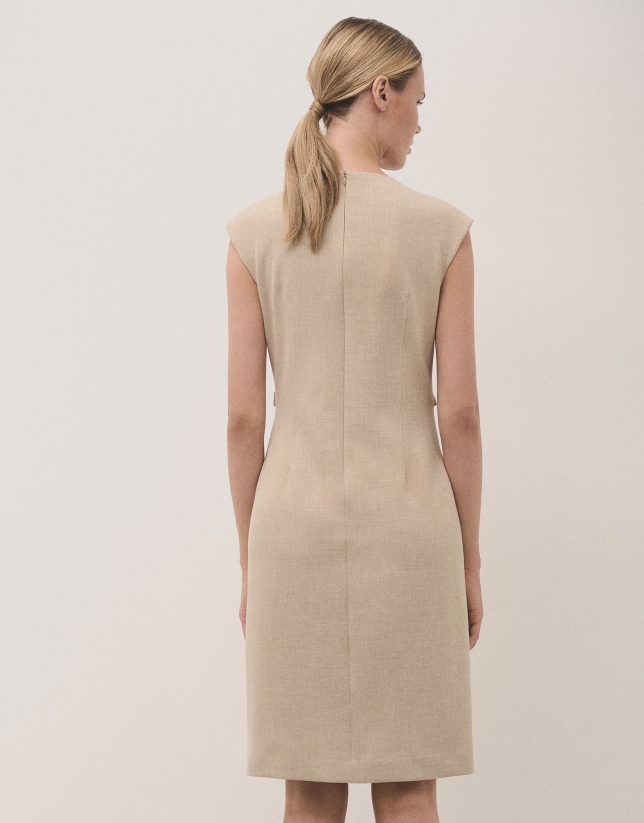 Beige double crepe straight dress with bucles